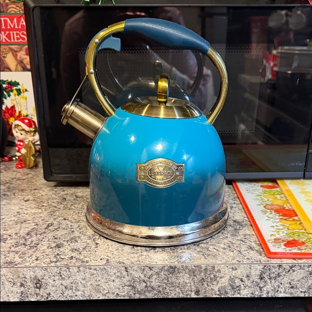 Blue and Gold Whistling Tea Kettle